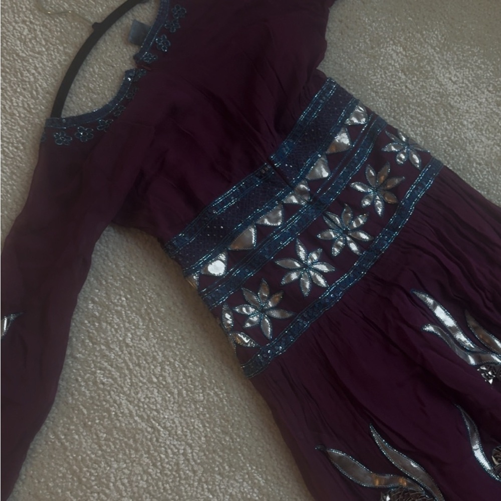 Maxi long sleeve drwss with and aqua blue silver embellishments- full skirt
